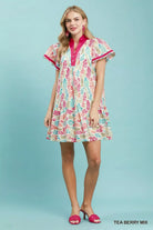 Umgee Tea Berry mix Leaf Print Flutter Sleeve Tiered Mini Dress