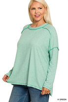 Zenana Kelly Green Melange Hacci Exposed Seam Hi-low Top
