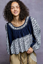 POL Indigo Paisley Scoop Neck Balloon Sleeve Cropped Blouse with Stud Detail INDIGO