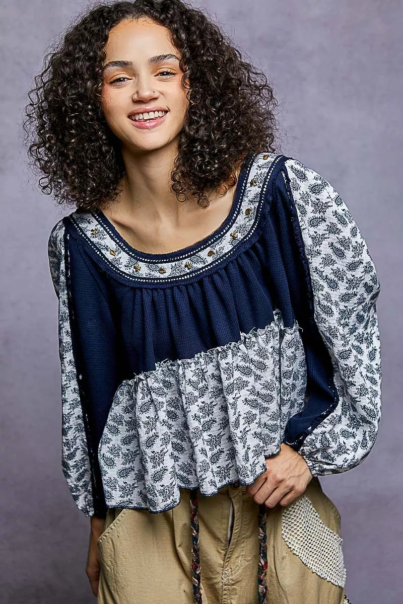 POL Indigo Paisley Scoop Neck Balloon Sleeve Cropped Blouse with Stud Detail INDIGO