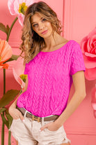 BiBi Fuchsia Cable Knit Short Sleeve Sweater Trendsi
