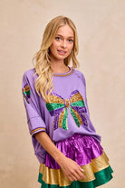 BiBi Lavender Mardi Gras Theme Ribbon Sequin Patched Top