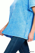 Zenana Deep Sky Washed Ribbed Cuffed Short Sleeve Round Neck Top