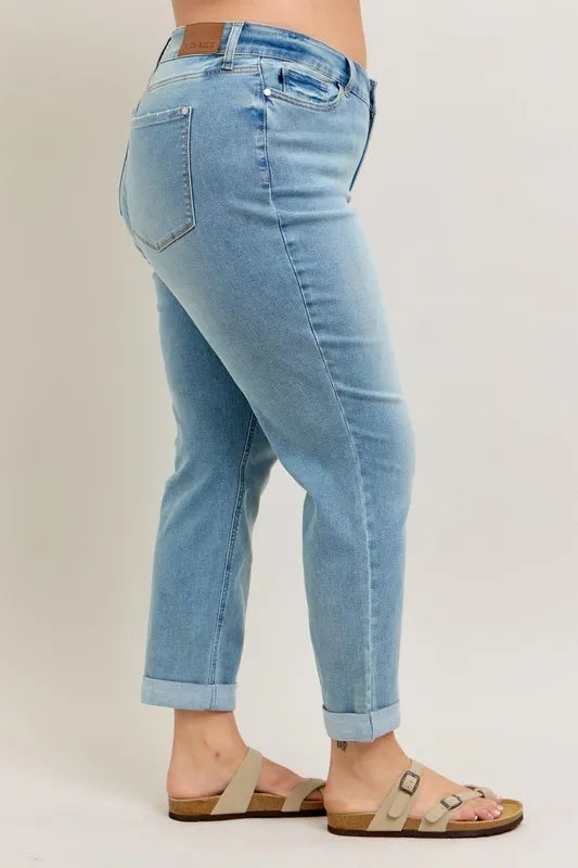 Judy Blue Medium Washed V-Front Cuff Boyfriend Jeans