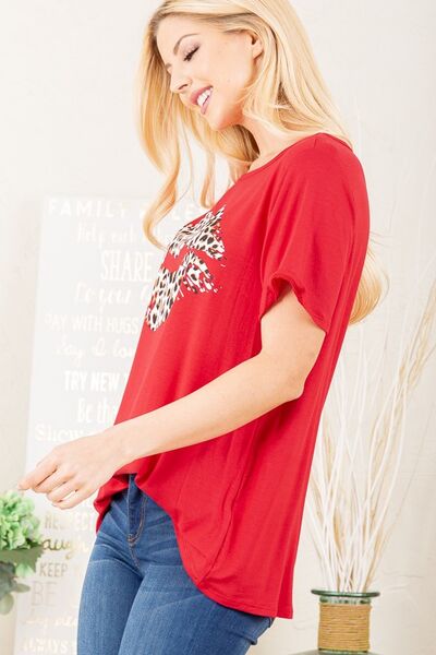 Heimish Red Leopard Lip Round Neck Short Sleeve T-Shirt