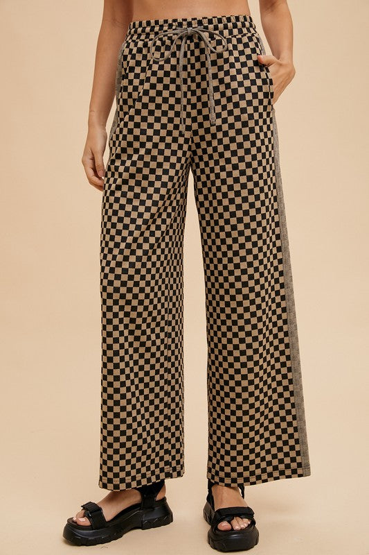 Annie Wear Drawstring Camel Checkered Wide Leg Pants Camel