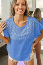 BiBi Corn Flower Blue Rhinestone Beaded Short Sleeve Top CORNFLOWER BLUE