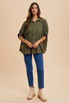 Annie Wear Olive Checkered Button Up Half Sleeve Shirt