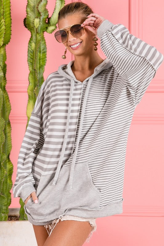 BiBi Light Gray Thermal Drawstring Striped Long Sleeve Hoodie with Kangaroo Pocket