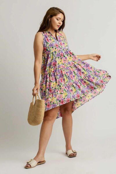 Umgee Violet Mix High-Low Hem Floral Sleeveless Tiered Dress