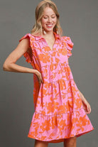 Umgee Pink & Orange Floral Print Ruffle Cap Sleeve Tiered Dress PINK ORANGE