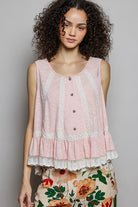 POL Blush Pink Lace Trim Ruffle Hem Button Detail Round Neck Sleeveless Top BLUSH PINK