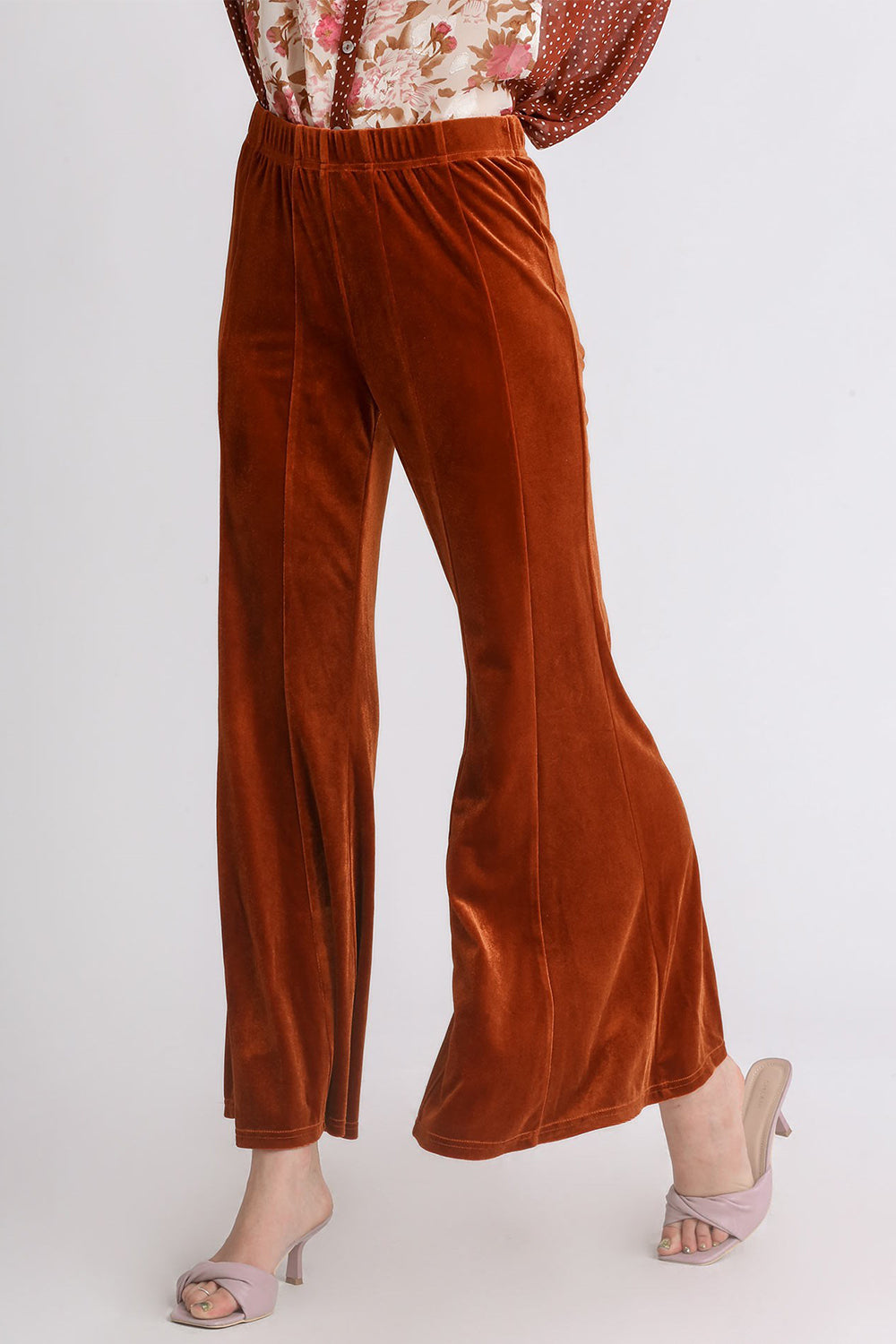 Umgee Terracotta Velvet High Rise Elastic Waist Flare Pants Terracotta Pants