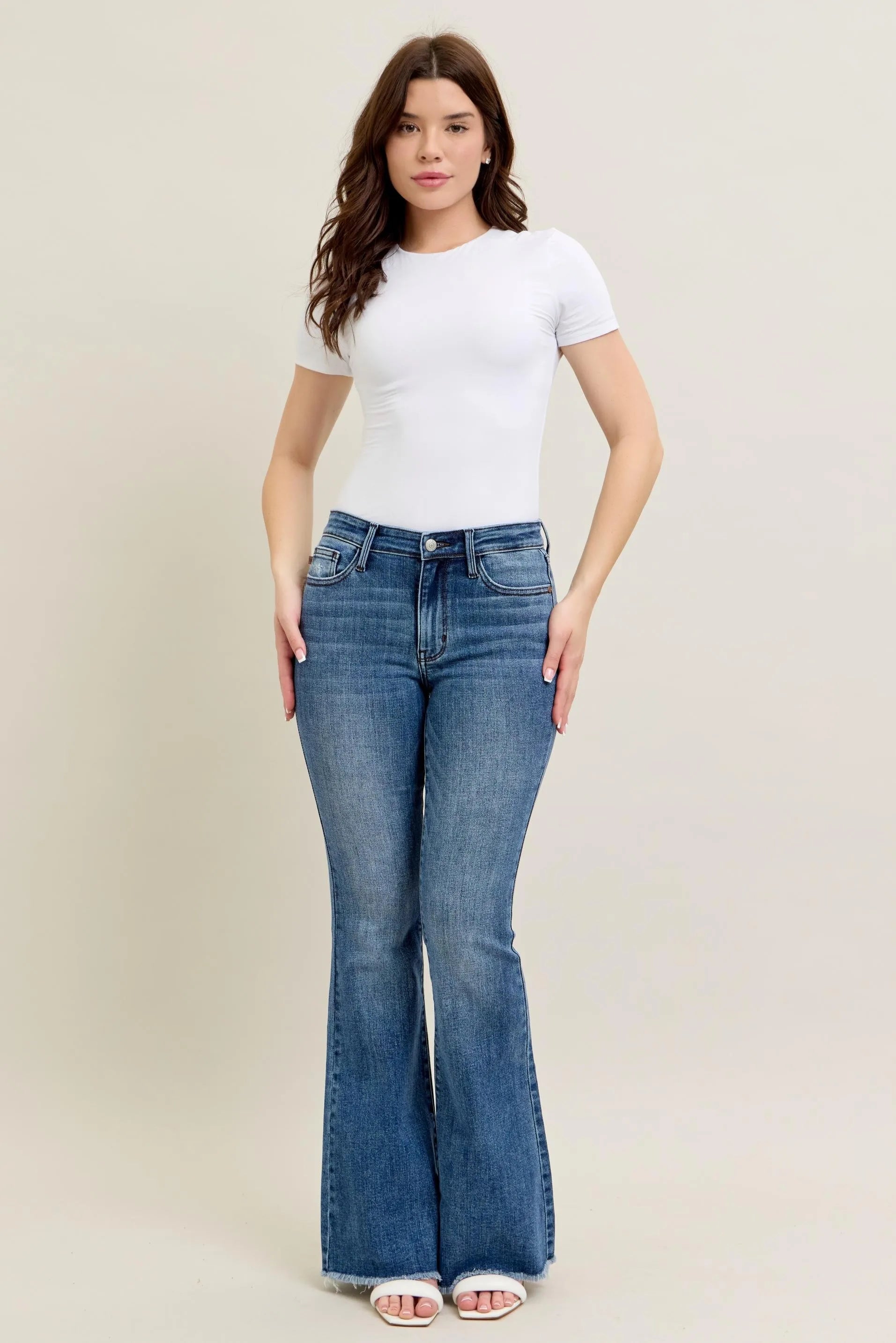 Judy Blue Mid-rise Vintage Wash Flare Jeans W/ Destroyed and Fray Hem
