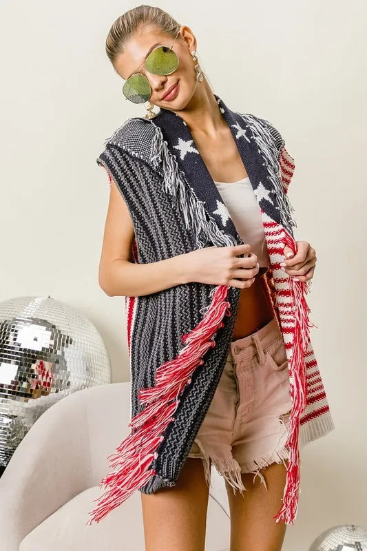 BiBi American Flag Fringe Edged Sweater Vest