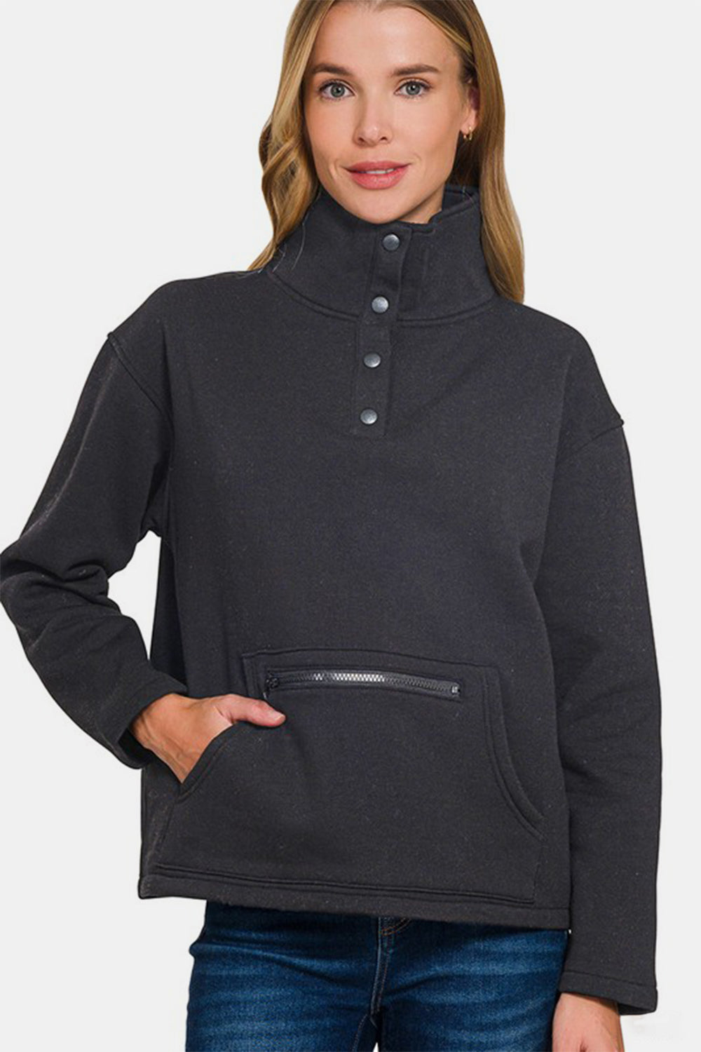 Zenana Black Turtleneck Half Snap Fleece Sweatshirt Black Sweater