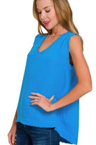 Zenana Deep Sky Double Gauze Raw Edge V-Neck Tank