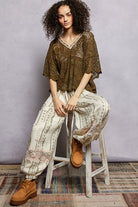 POL Olive V-Neck Crochet Top with Scalloped Hem