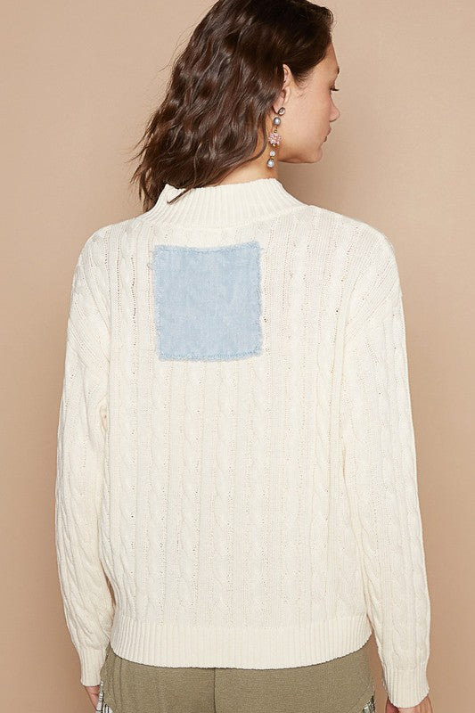 POL Ivory Cable-Knit Peace Patch Dropped Shoulder Sweater Shirts & Tops