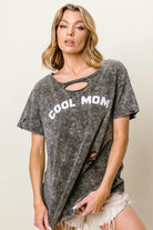 BiBi Black Charcoal Washed Laser Cut Detail Cool Mom Print Top