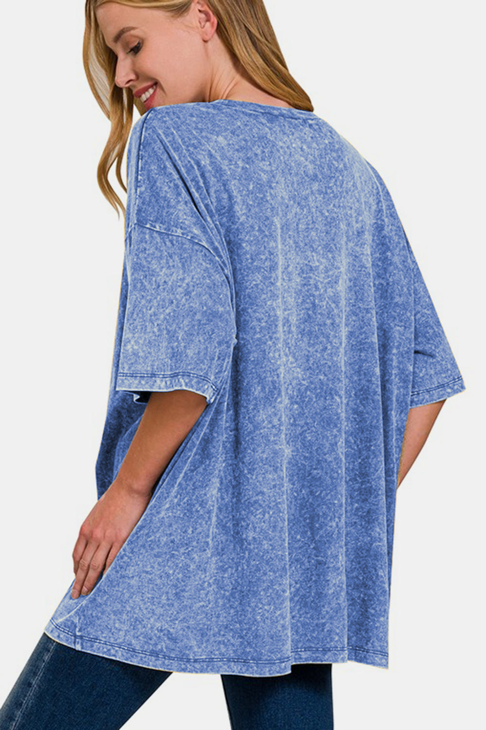 Zenana Blue Washed Round Neck Drop Shoulder Oversized T-Shirt Shirts & Tops