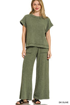 Zenana Dark Olive Washed Slub Short Sleeve Tee & Long Pants Set DK OLIVE