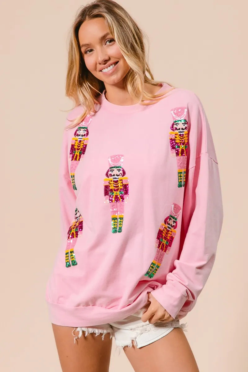 BiBi Light Pink Sequin Nutcrackers Embroidery Christmas Sweatshirt