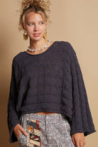 POL Charcoal Round Neck Cable Knit Cropped Sweater Charcoal Trendsi