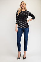 Celeste Black Polka Dot Ribbed Round Neck Three-Quarter Sleeve Top Shirts & Tops