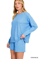 Zenana Ocean Blue Soft Melange Long Sleeve Tee and Shorts Set