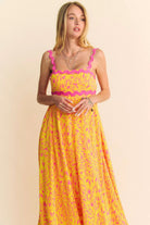 Davi & Dani Geo Two Tone Printed Wavi Trim Tiered Maxi Dress