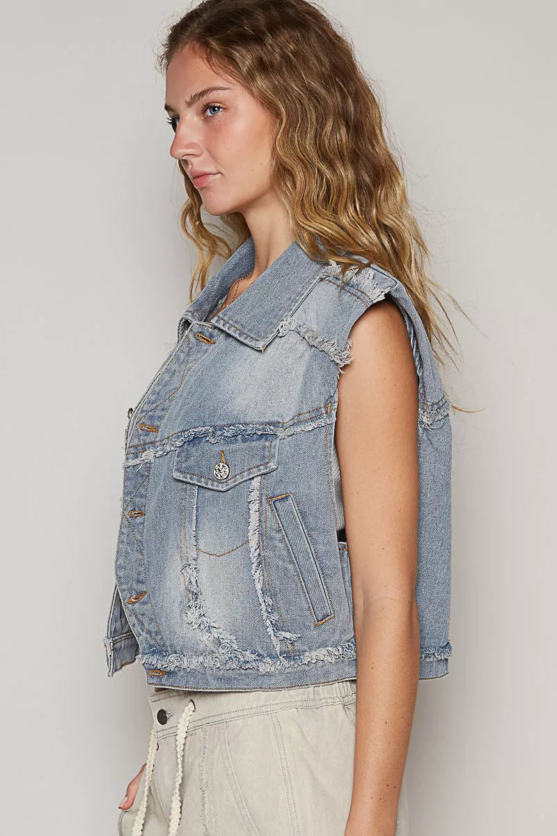 POL Denim Assymetrical Front Closure Raw Hem Denim Vest
