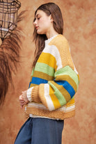 Davi & Dani Camel Multi Contrast Striped Open Front Lantern Sleeve Cardigan Cardigan