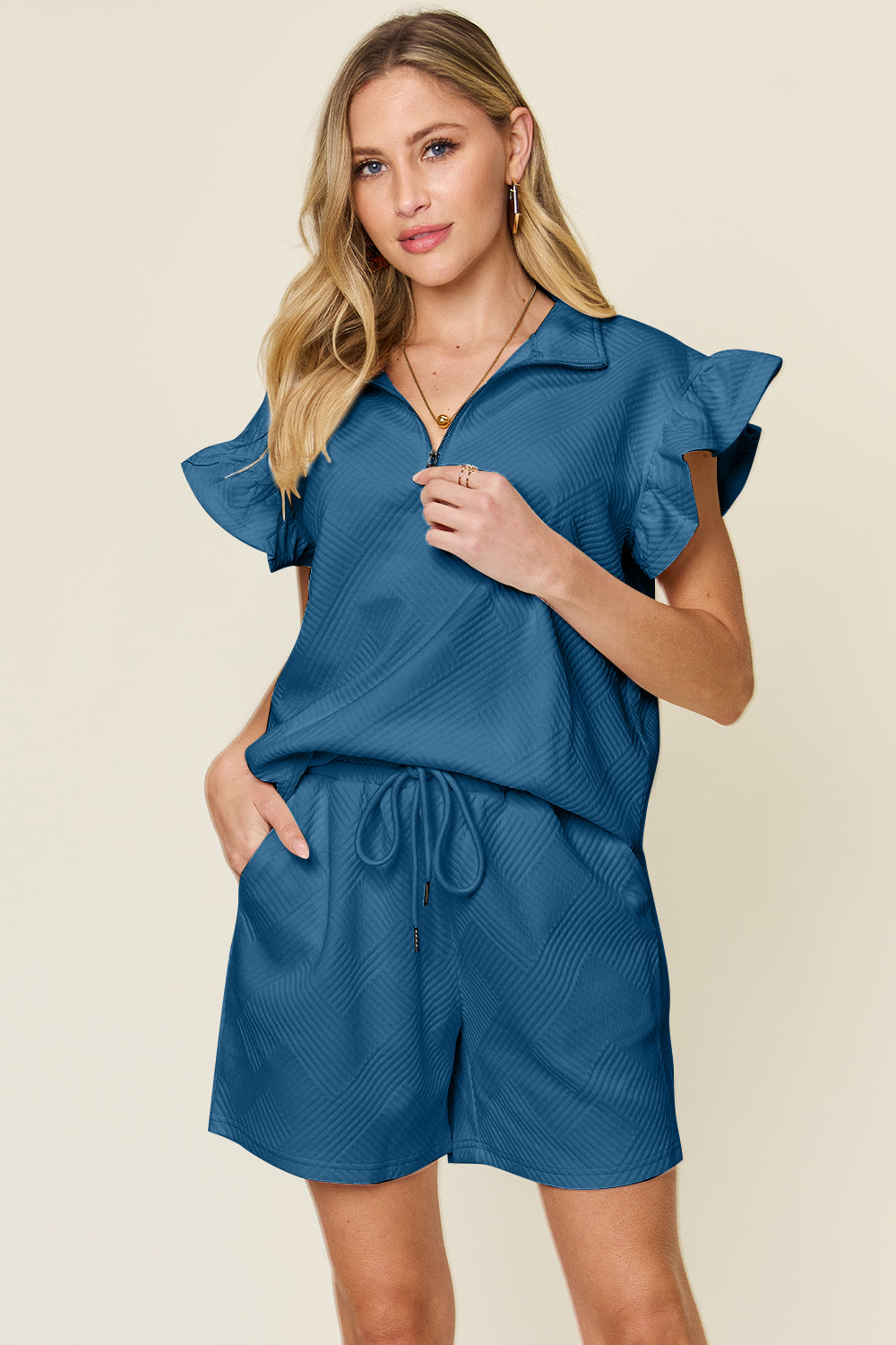 Double Take Quilted Textured Flounce Sleeve Top and Drawstring Shorts Set French Blue Trendsi