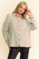 Davi & Dani Khaki Crochet Sleeve Crinkled Texture Shirt Trendsi