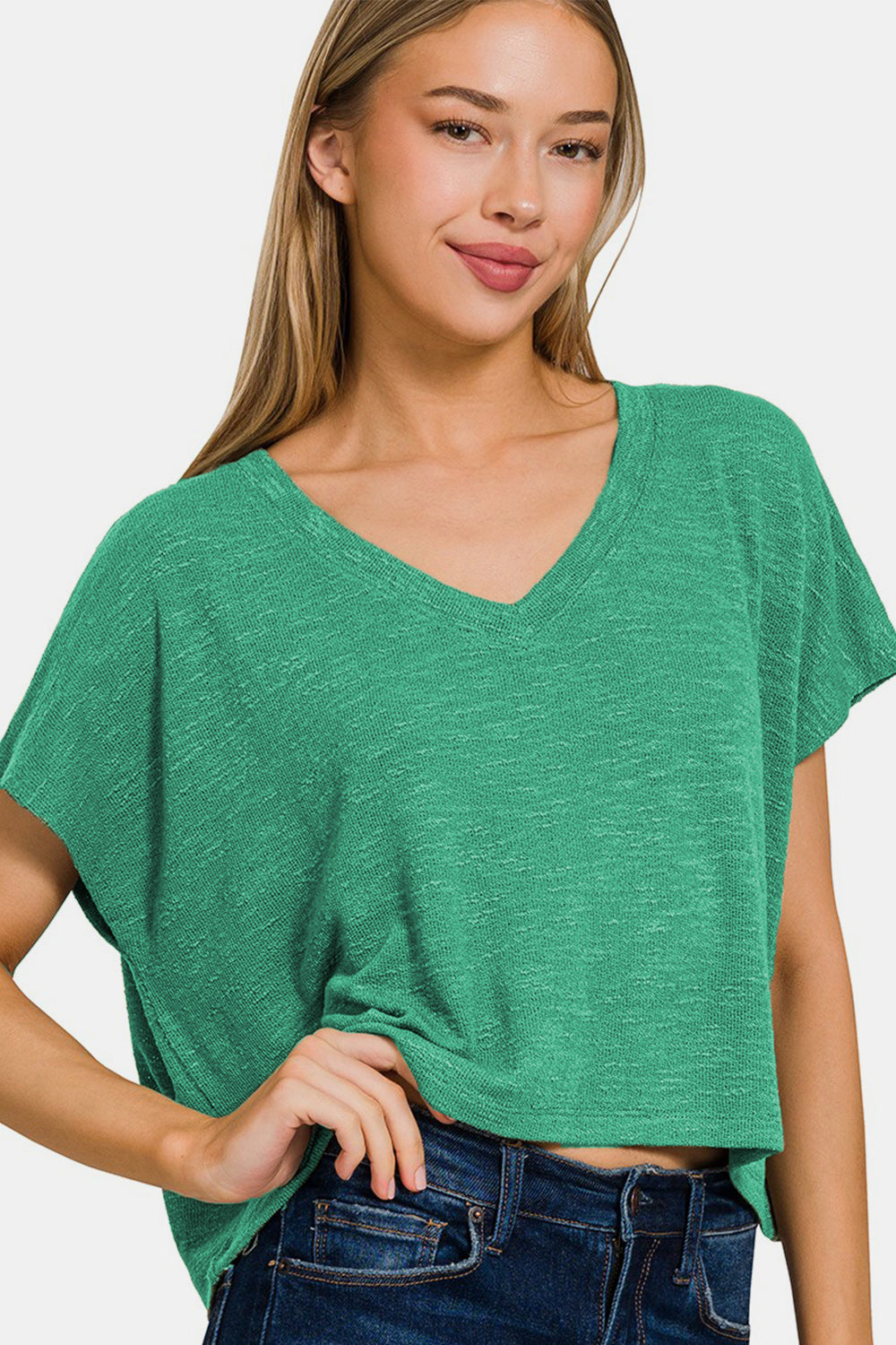 Zenana V-Neck Cropped Short Sleeve T-Shirt Trendsi