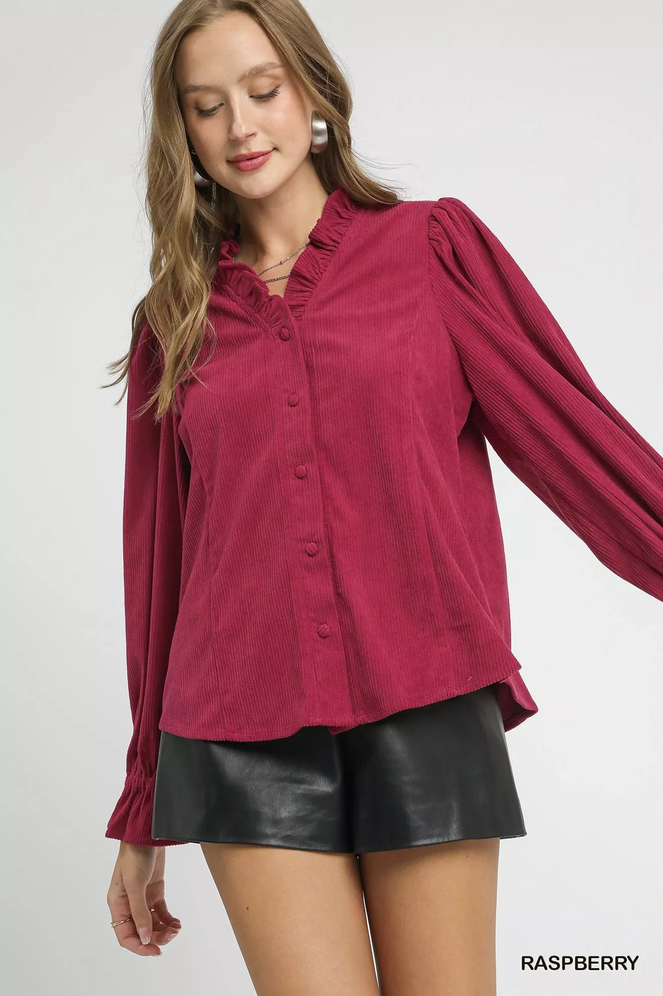 Umgee Raspberry Corduroy Ruffle Shirt with Long Puff Sleeves