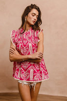 BiBi Pink Printed Ruffle Sleeve Top
