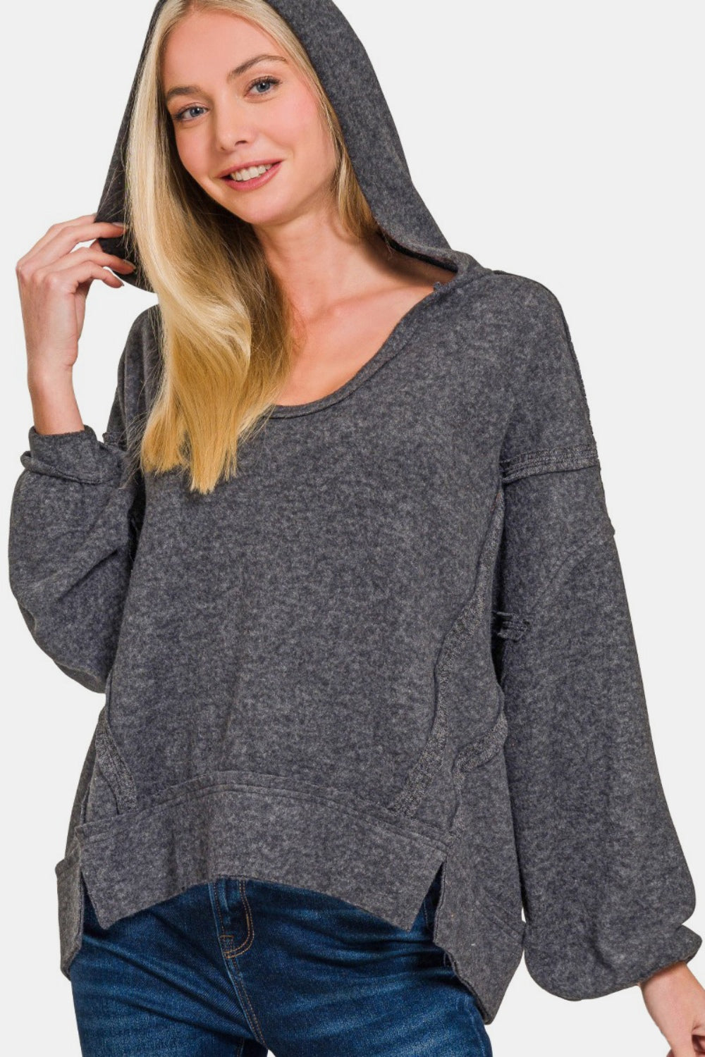 Zenana Black Brushed Hacci Exposed Seam Hoodie Shirts & Tops