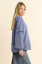 Davi & Dani Dusty Blue Faux Layered Round Neck Sweater Shirts & Tops