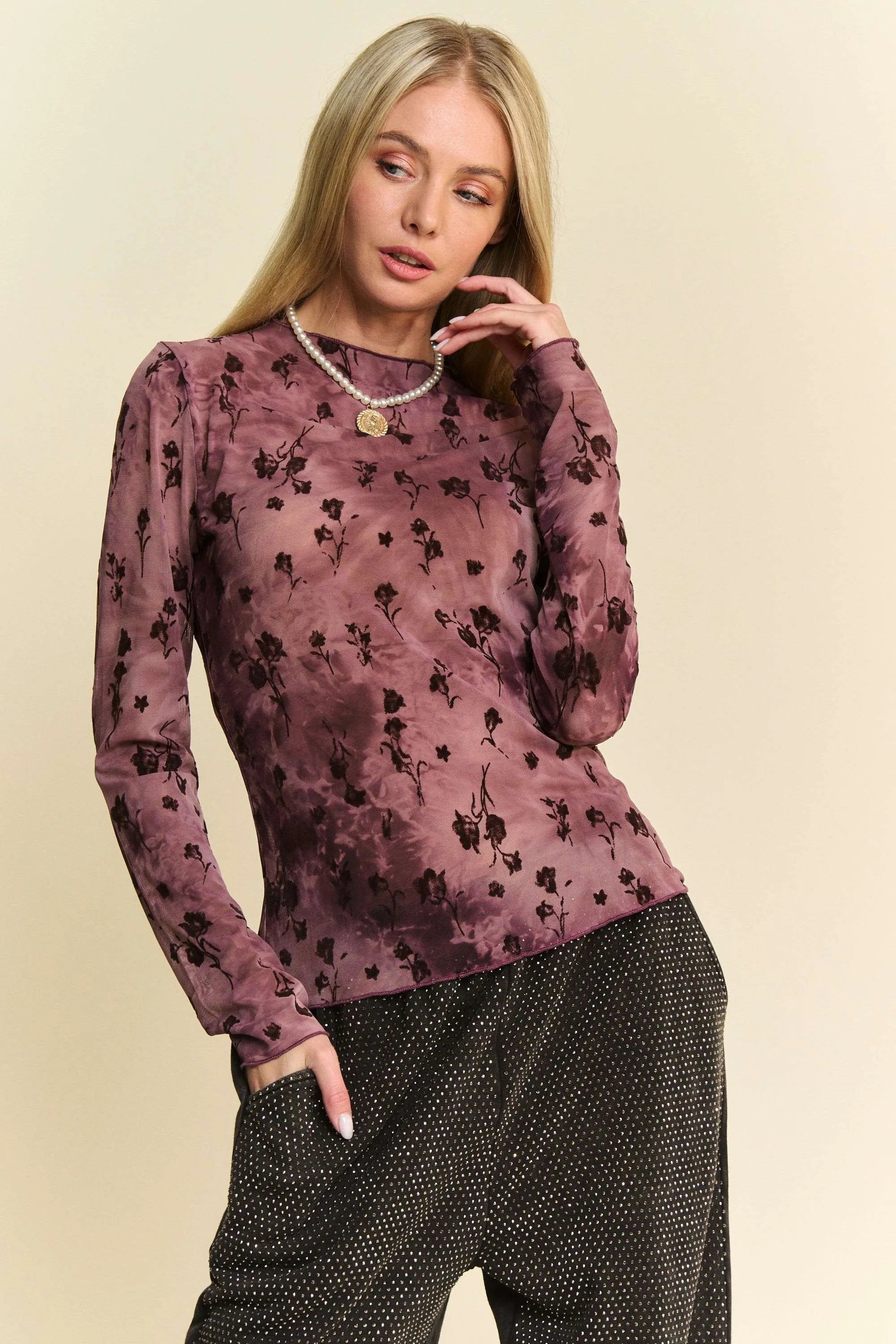 Davi & Dani Burgundy Floral Mesh Long Sleeve Sheer Layering Top BURGUNDY