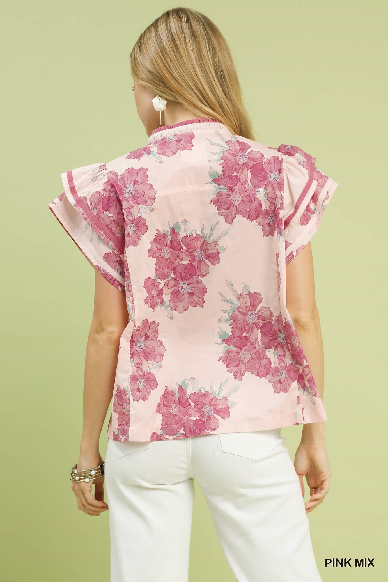 Umgee Pink Mix Floral Ruffle Sleeve Blouse