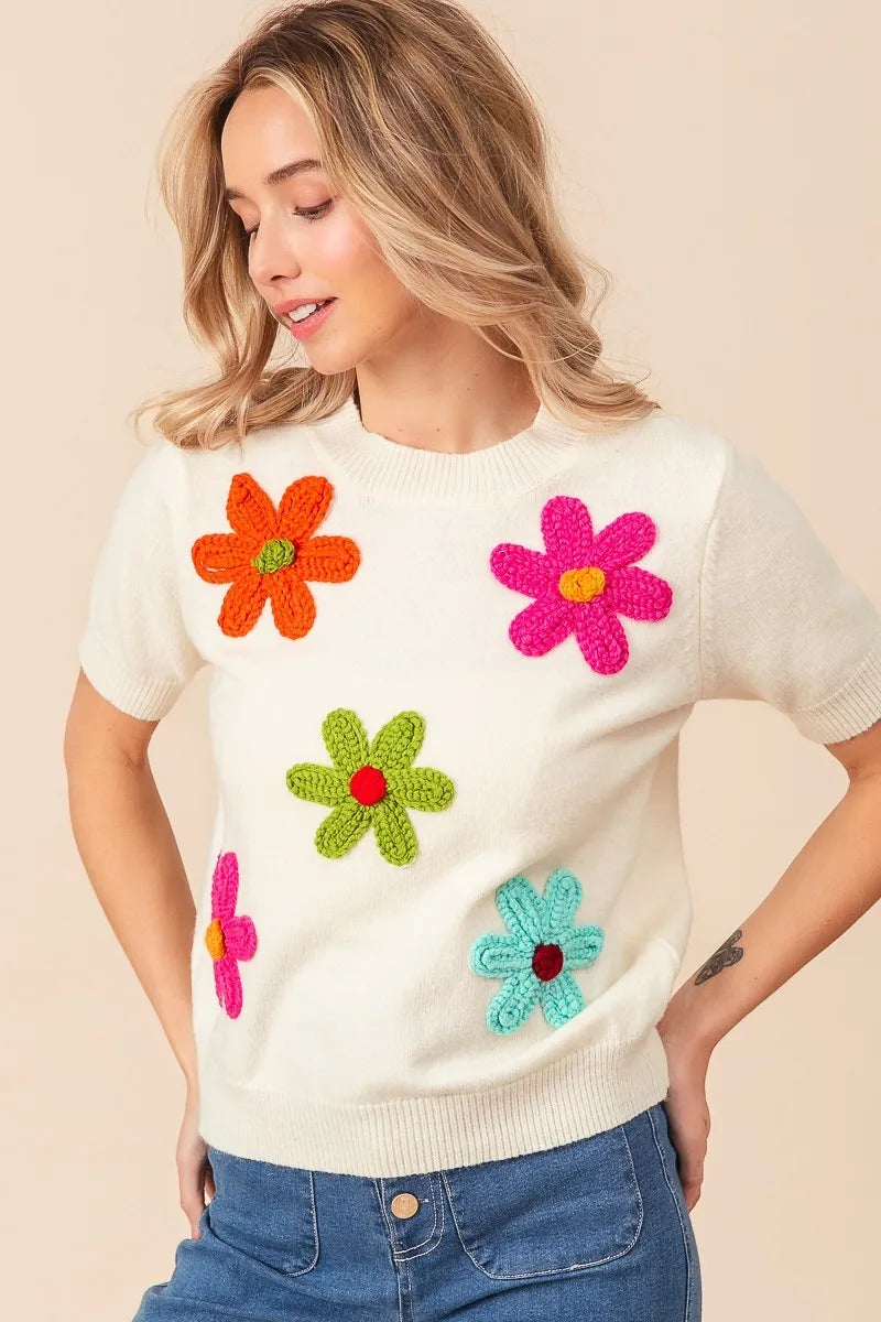 BiBi Ivory Crochet Flower Patch Sweater Top