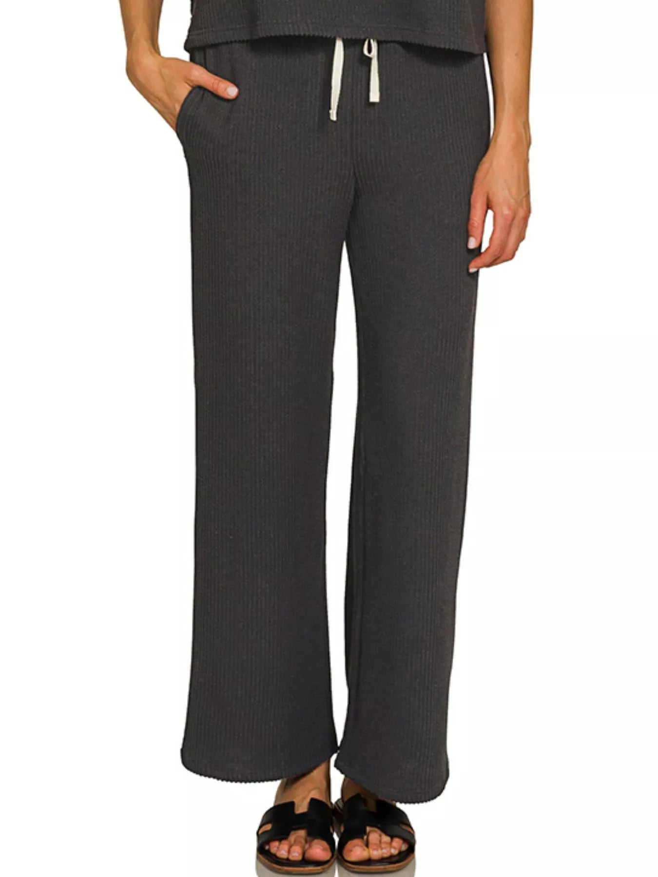 Zenana Black Raised Rib Short Sleeve Tee & Pants Set