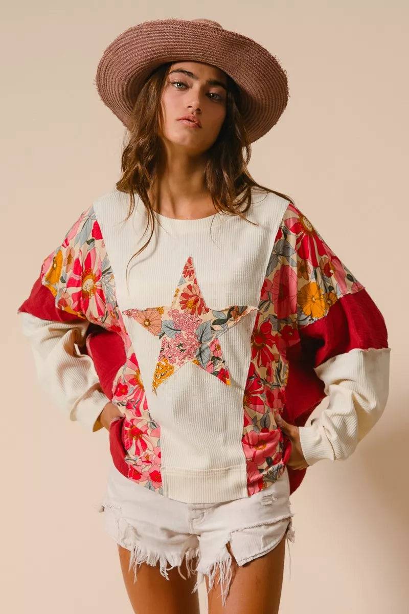BiBi Floral Print Mixed Star Patch Round Neck Sweatshirt