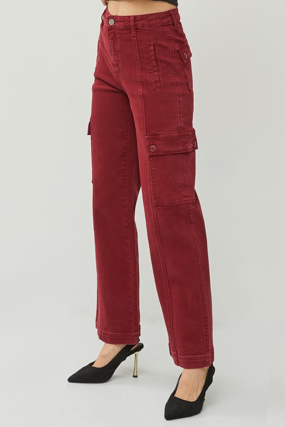 RISEN Wine Colored High Rise Wide Leg Cargo Jeans Trendsi