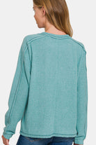 Zenana Teal Contrast Stitching Brushed Ribbed Hacci Knit Top Shirts & Tops