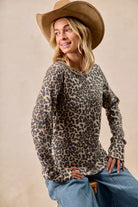 BiBi Leopard Print Washed Waffle Thermal Top with Thumbholes