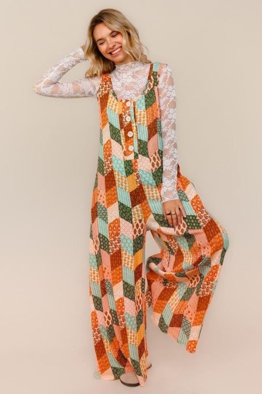 Haptics Button Down Boho Patchwork Wide Leg Jumpsuit