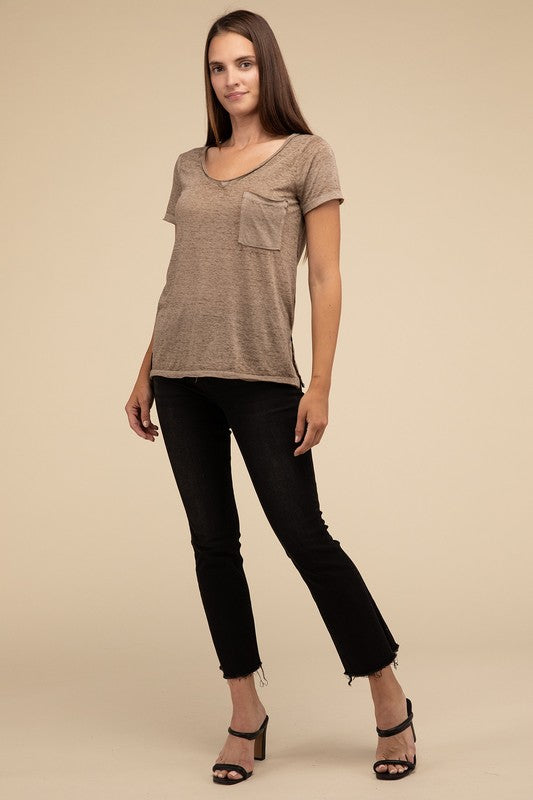 Washed Melange Burnout Scoop V-Neck Top ZENANA